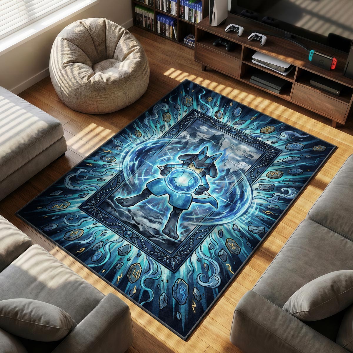 Lucario Aura themed area rug for Pokemon fans