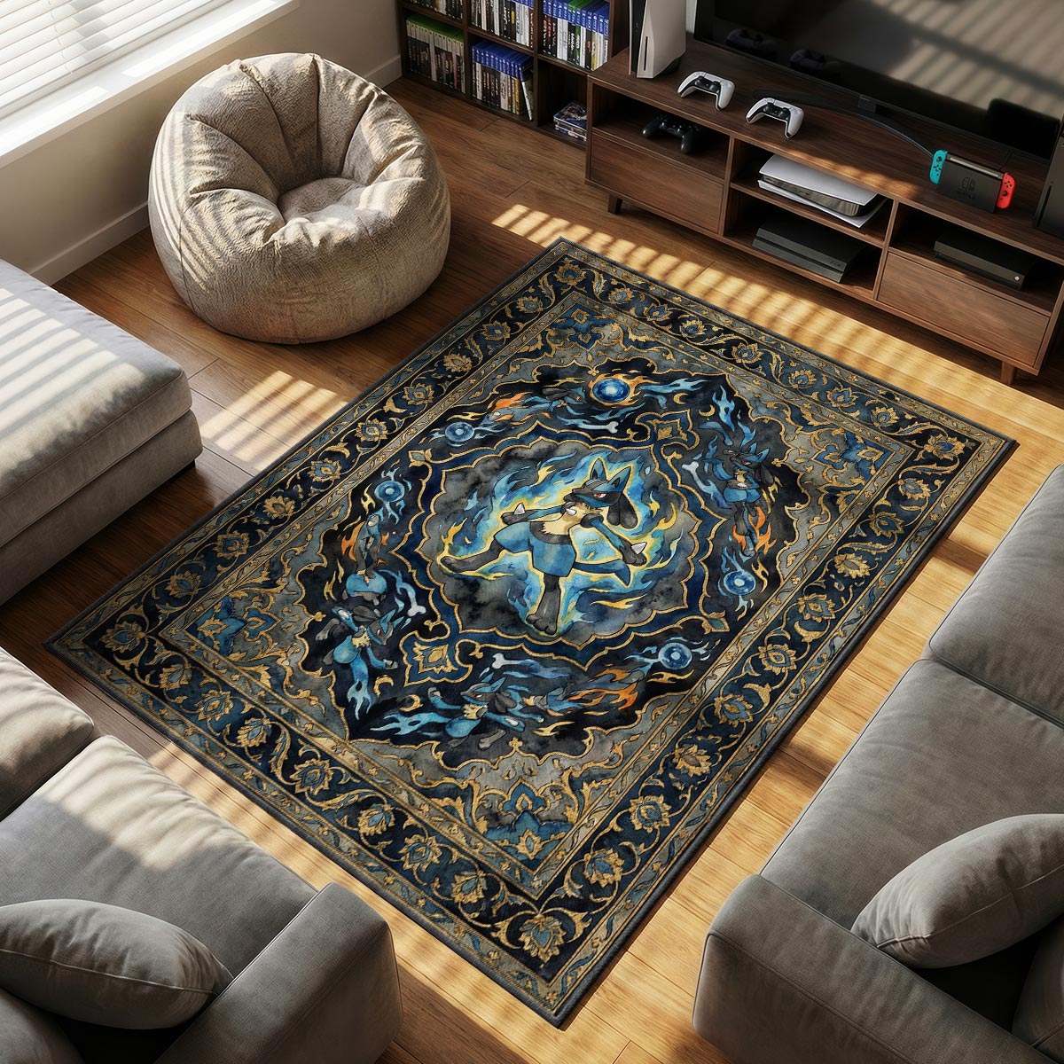 Lucario Blue themed area rug for Pokemon fans