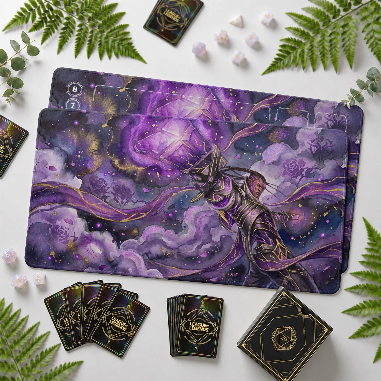 Lucian Relic Riftbound TCG playmat with card zones and score track – LoL game mat