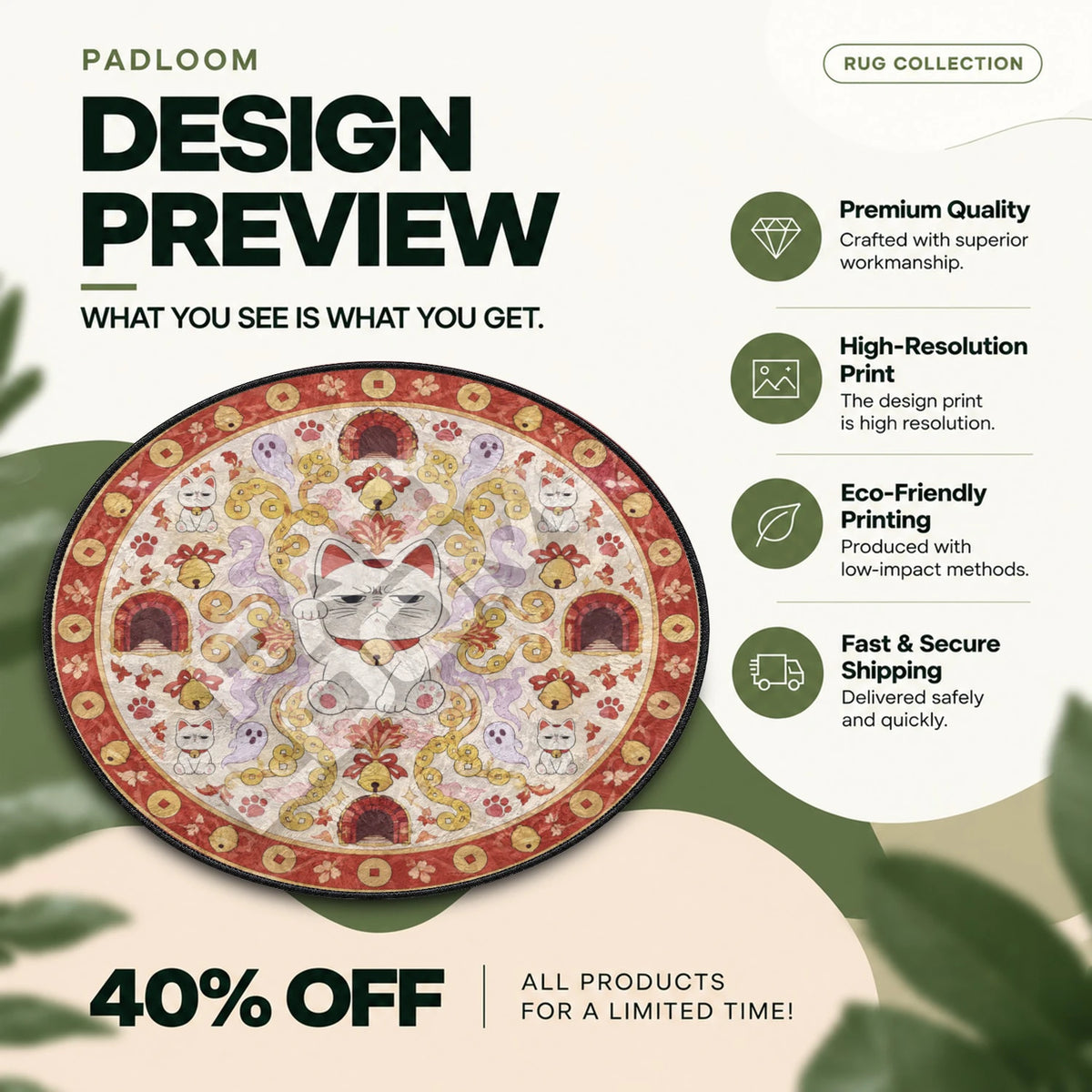 Lucky Cat Waving Dandadan round rug full design preview