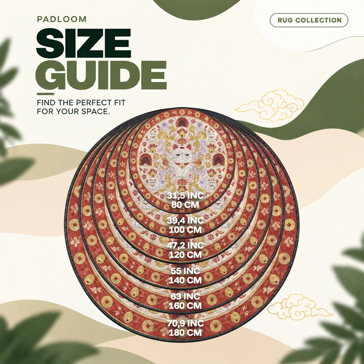 Lucky Cat Waving round rug size guide, 80 to 180 cm (31.5 to 70.9 in)