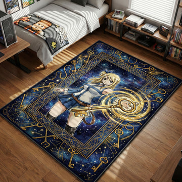 Lucy Heartfilia from Fairy Tail holding a golden celestial spirit key surrounded by zodiac constellations and starry galaxy background on a rectangular rug.