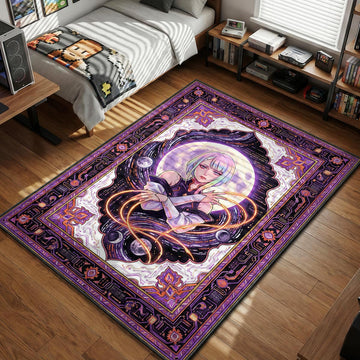 Lucy Kushinada manipulating glowing monowire against a full moon tarot card style gaming area rug and floor mat