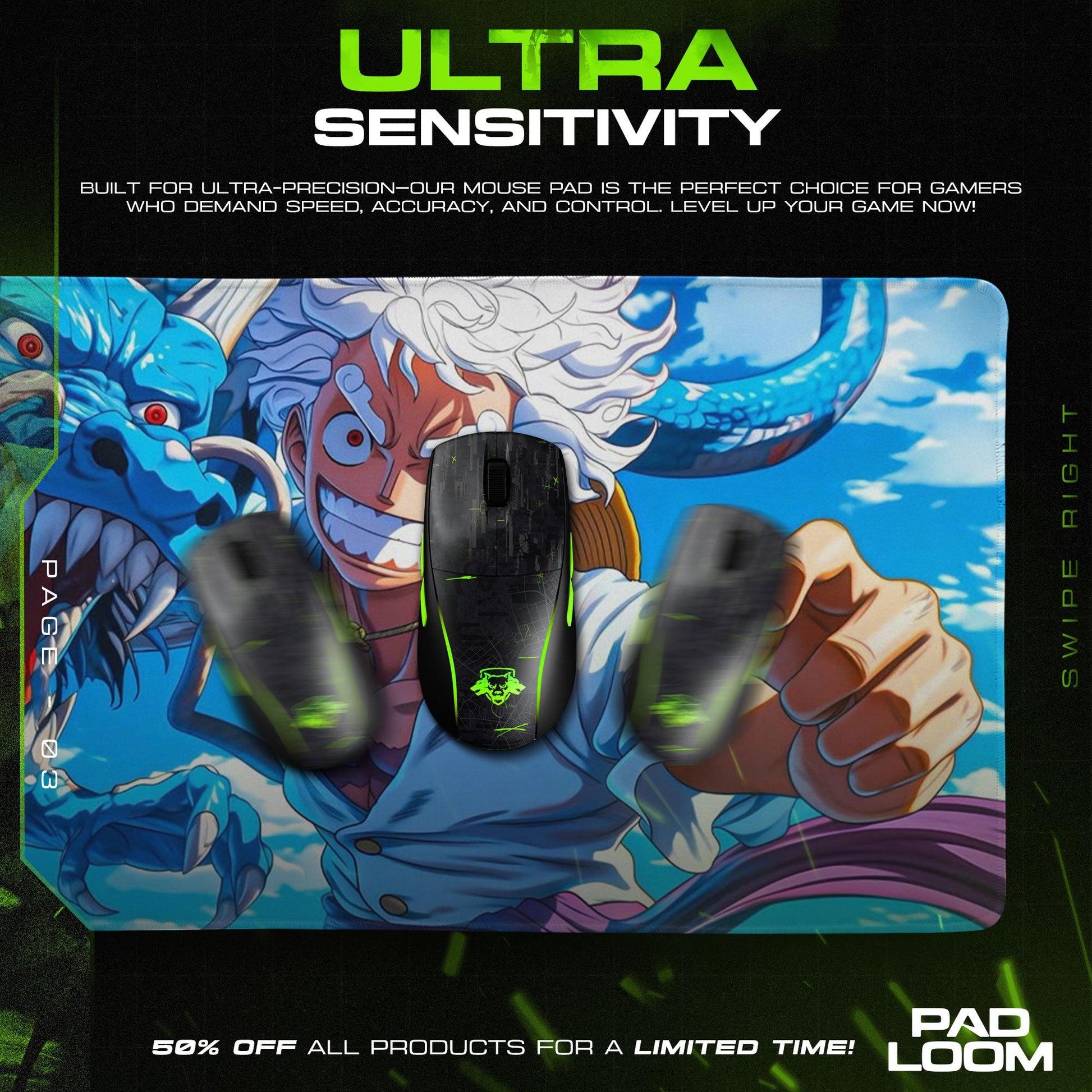 Luffy Gear 5 Mouse Pad - Thunder God Anime Desk Mat Padloom
