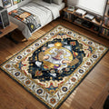 Luffy Gear 5 laughing amidst lightning and clouds on a dark navy Persian style area rug and floor mat