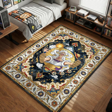 Luffy Gear 5 laughing amidst lightning and clouds on a dark navy Persian style area rug and floor mat