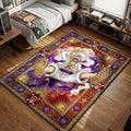 Gear 5 Luffy laughing in Sun God Nika form surrounded by purple devil fruits and gold sun rays area rug and floor mat
