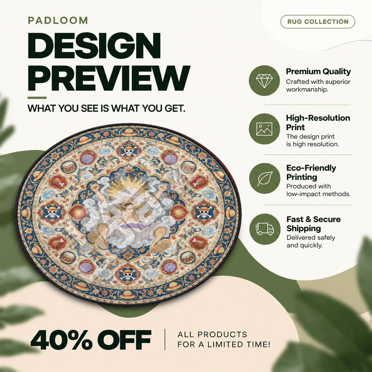 Luffy Laughing One Piece round rug full design preview