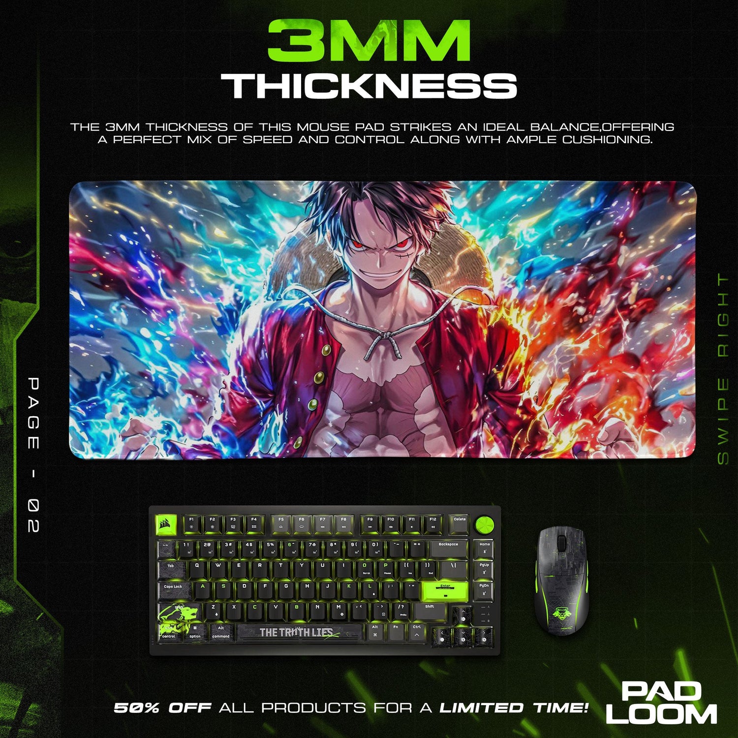 Luffy Mouse Pad - Fire and Thunder Anime Desk Mat Padloom