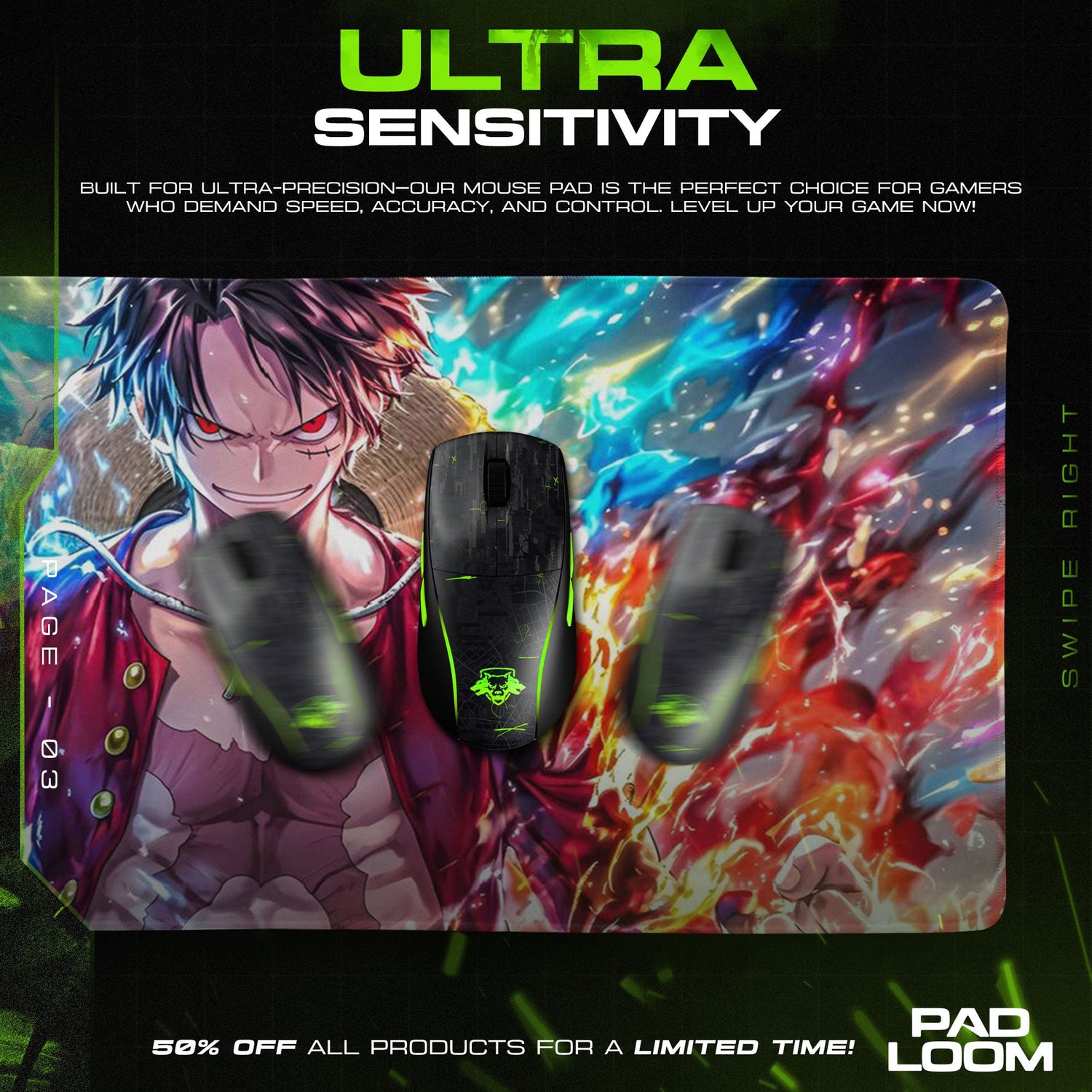 Luffy Mouse Pad - Fire and Thunder Anime Desk Mat Padloom