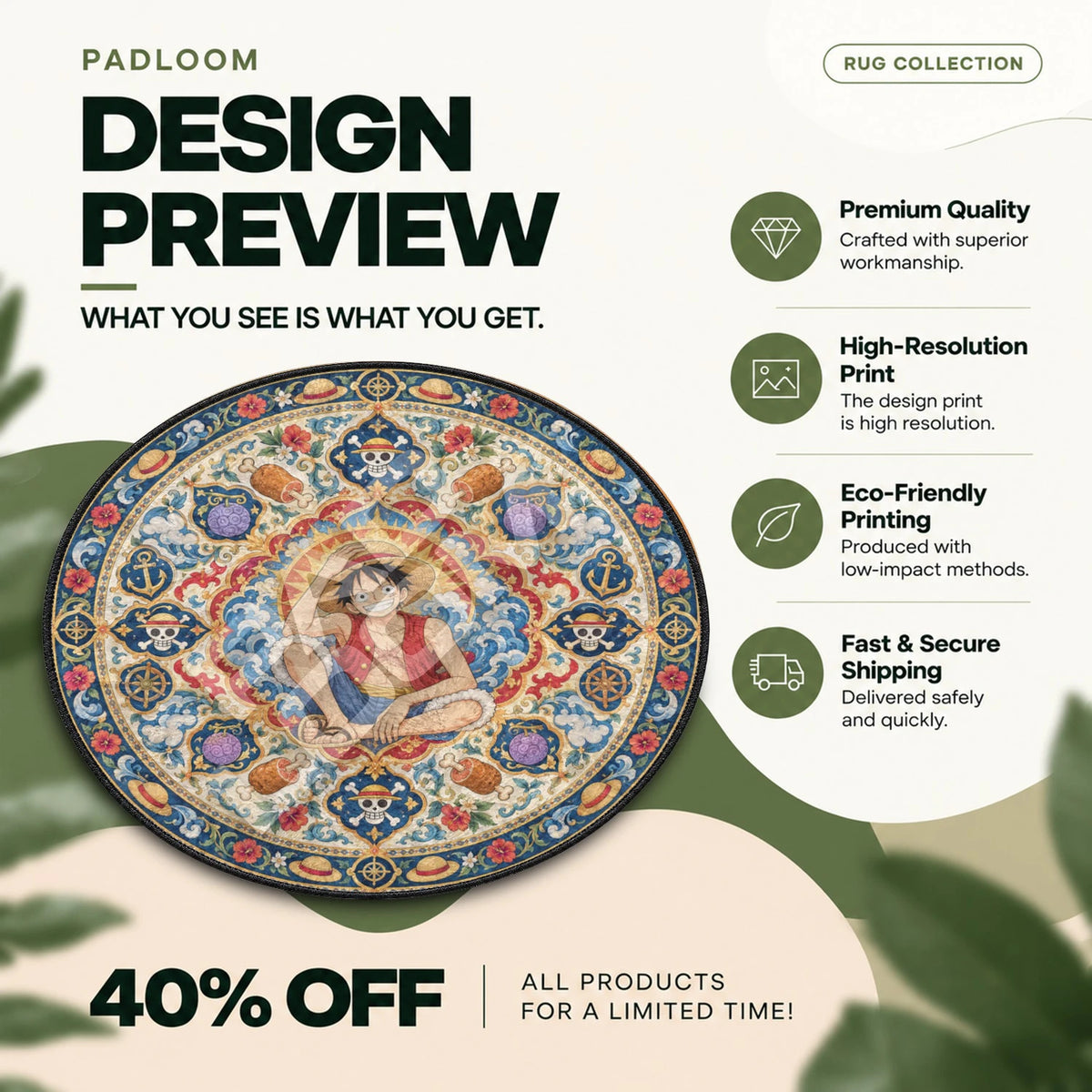 Luffy Seated One Piece round rug full design preview