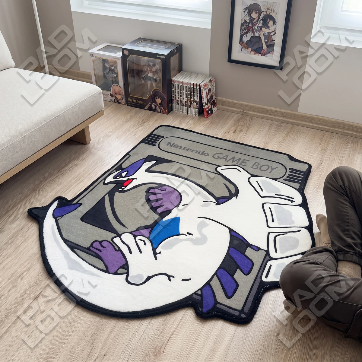 Lugia Game Boy shaped rug shown in a room setting