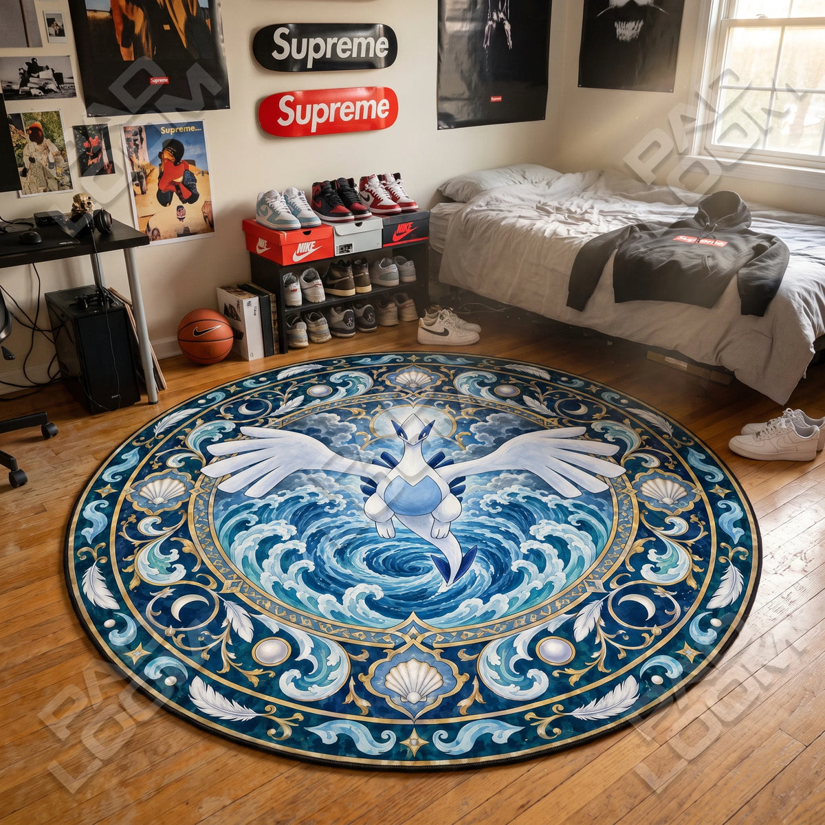 Lugia Soaring round rug shown in a styled room - Pokemon area rug