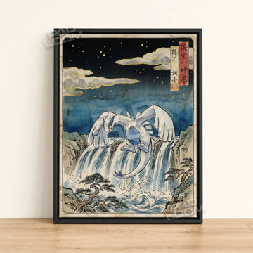 Lugia Waterfall Pokemon poster - framed canvas wall art in a black frame