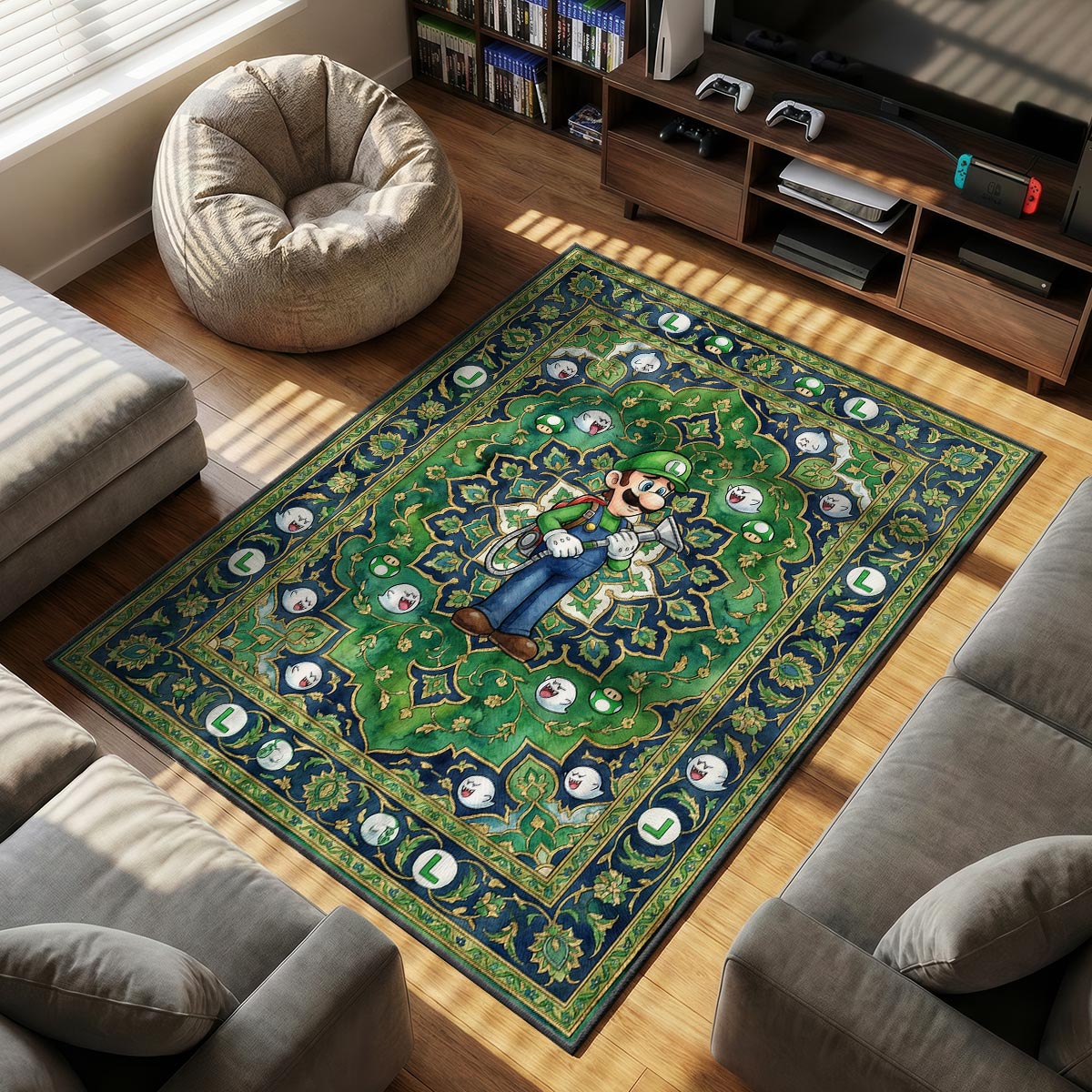 Luigi Ghost themed area rug for home decor fans