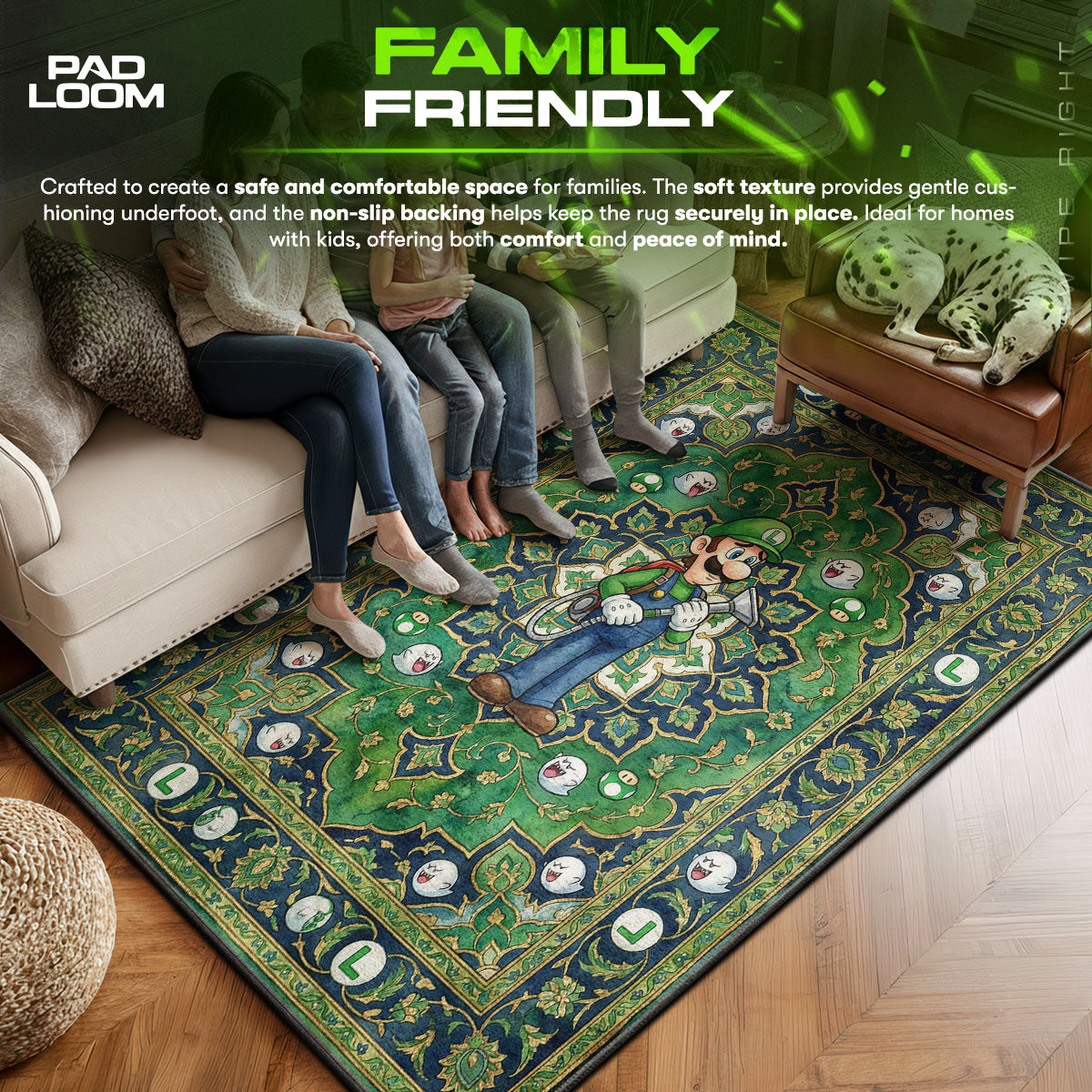 Luigi area rug showing full home decor artwork