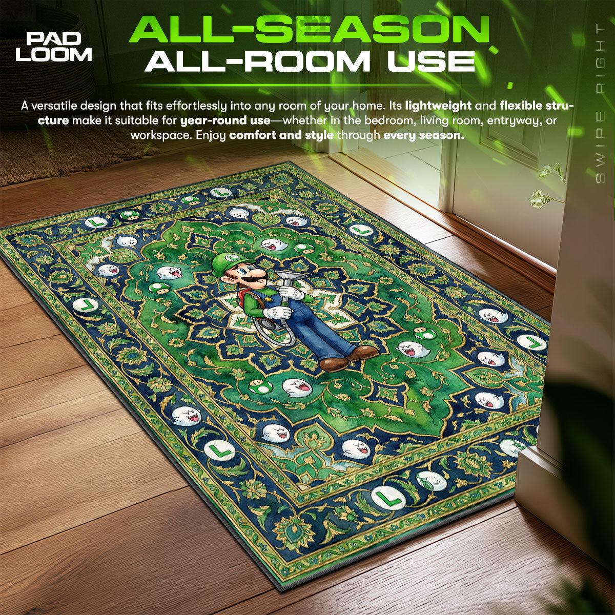 Luigi Ghost Hunter Super Mario Chair fan rug — premium quality print