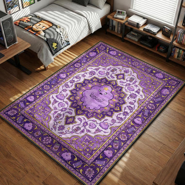 Lumpy Space Princess with crossed arms surrounded by beans and cell phones ornate purple traditional Persian art style movie themed area rug and home theater mat