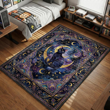 Luna cat sitting on crescent moon celestial watercolor art style area rug and floor mat