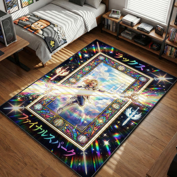 Lux firing Final Spark laser with prismatic stained glass art style gaming area rug and floor mat