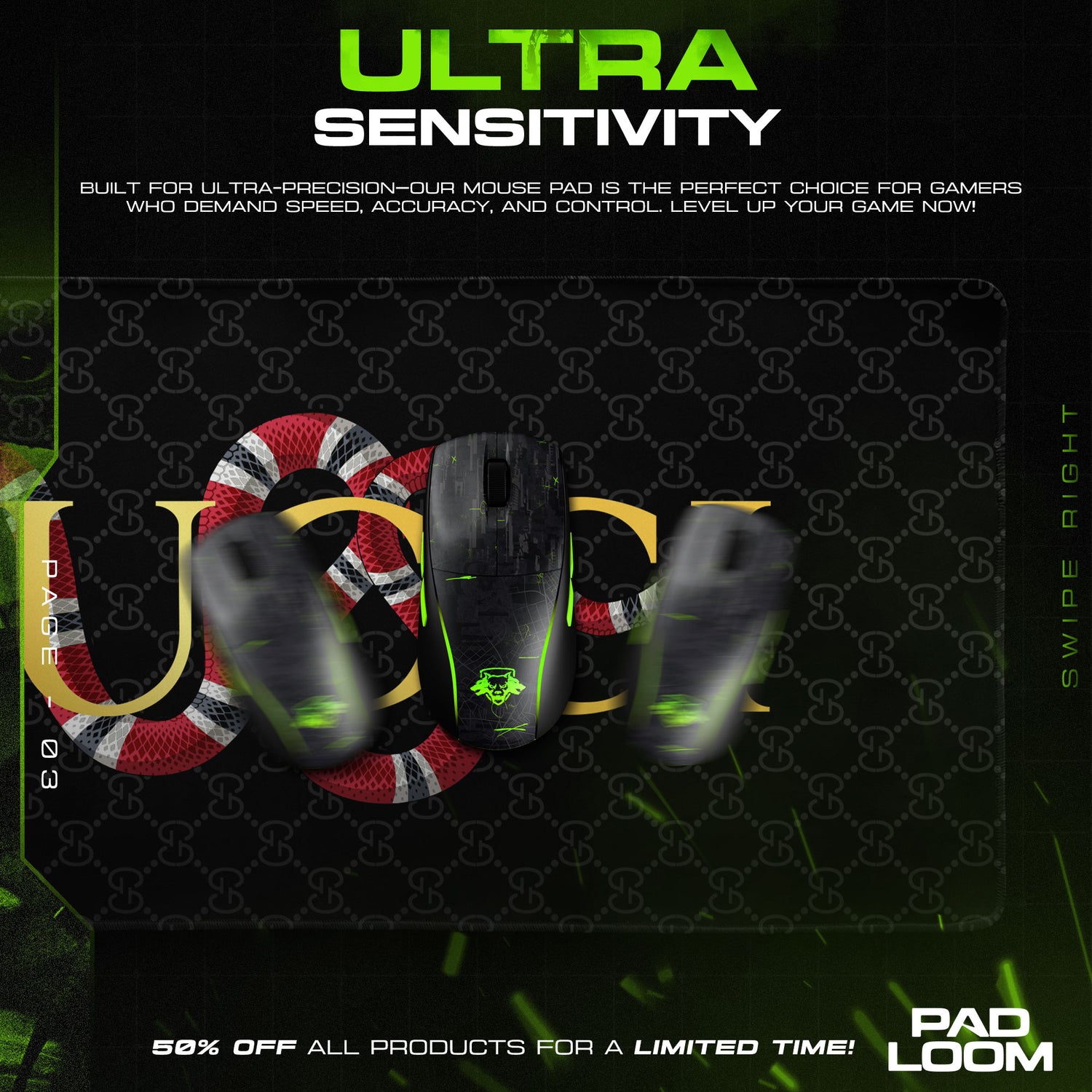 Luxury Serpent Black Mouse Pad - Designer Monogram Gaming Desk Mat