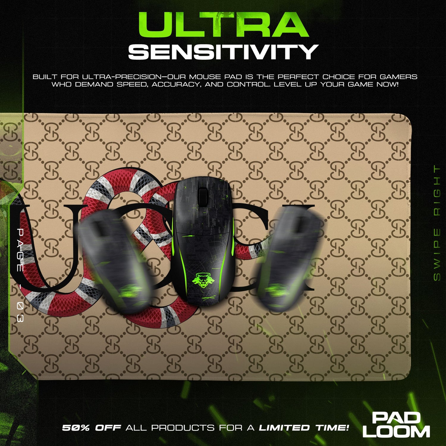 Luxury Serpent Black Mouse Pad - Designer Monogram Gaming Desk Mat Padloom