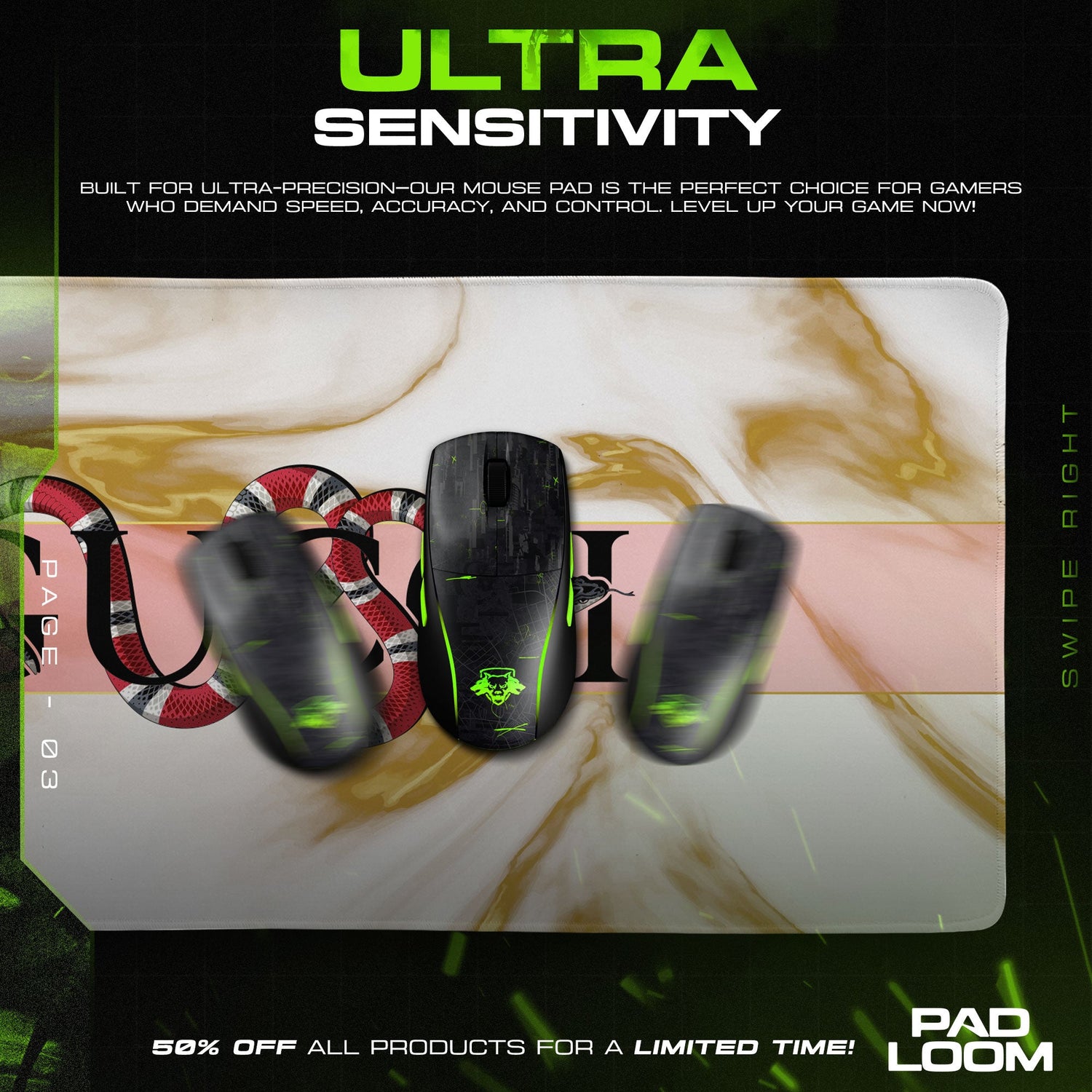 Luxury Serpent Marble Mouse Pad – Designer Pink Stripe Gaming Desk Mat Padloom