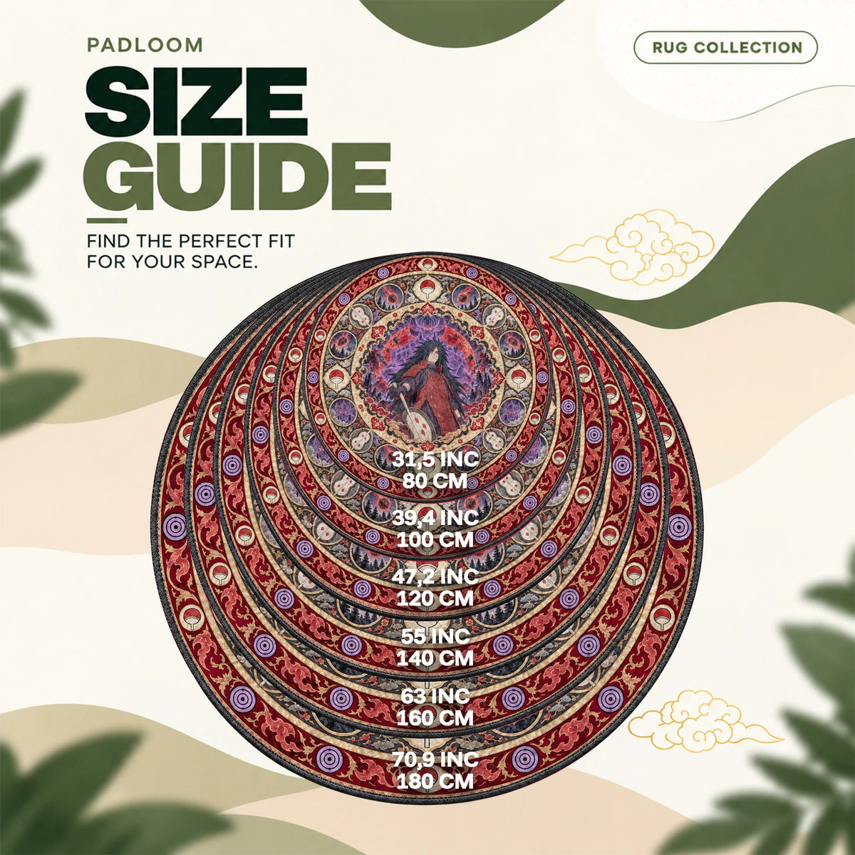 Madara Susanoo round rug size guide, 80 to 180 cm (31.5 to 70.9 in)
