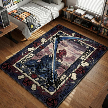 Madara Uchiha standing on blue Susanoo head with giant scythe and Uchiha clan fan border rug design.