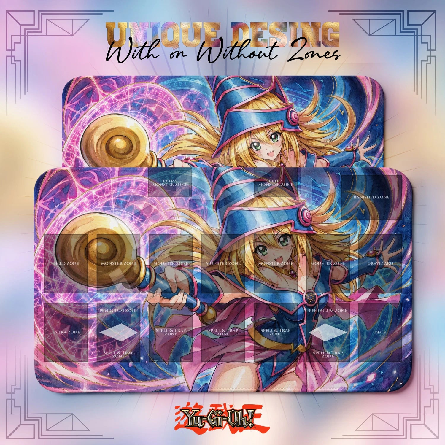 Magician Girl Shining Playmat – With Zones and Without Zones layouts compared