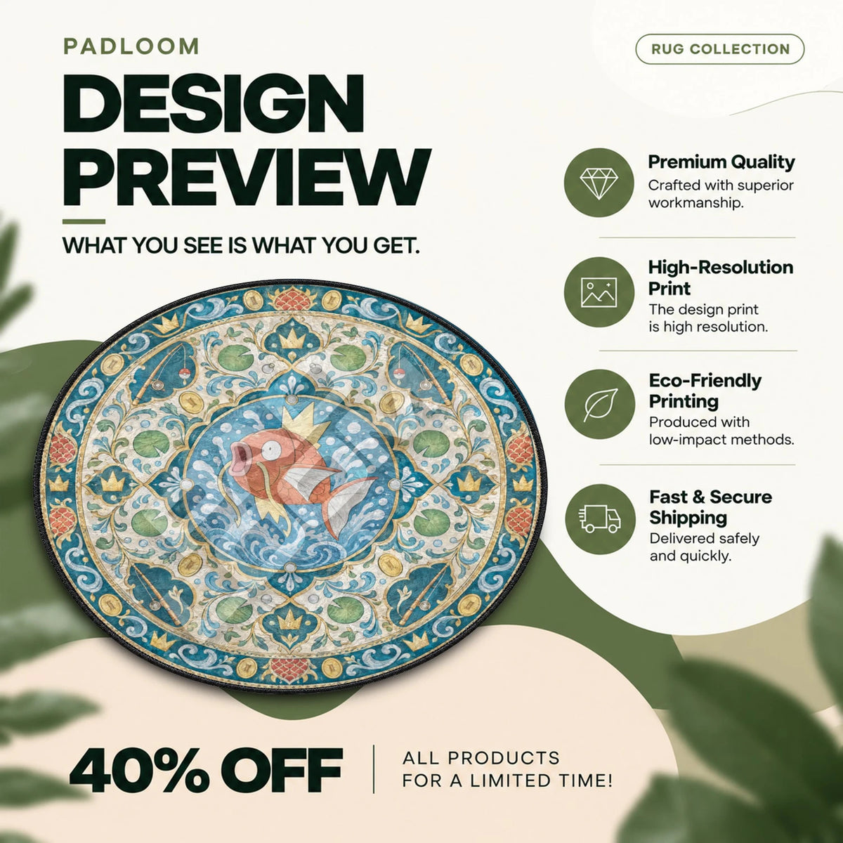 Magikarp Leaping Pokemon round rug full design preview
