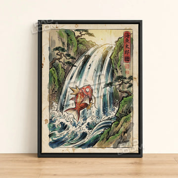 Magikarp Waterfall Pokemon poster - framed canvas wall art in a black frame