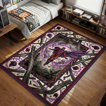 Magneto floating and controlling metal debris with purple energy waves comic style gaming area rug and floor mat