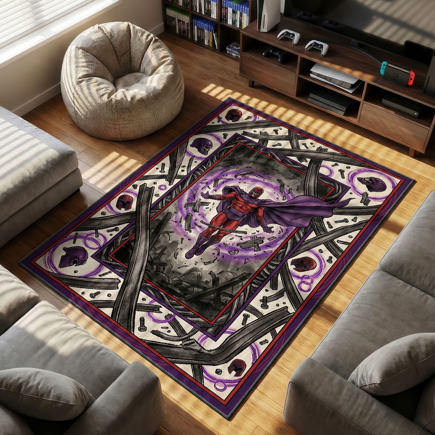 Magneto Metal themed area rug for home decor fans