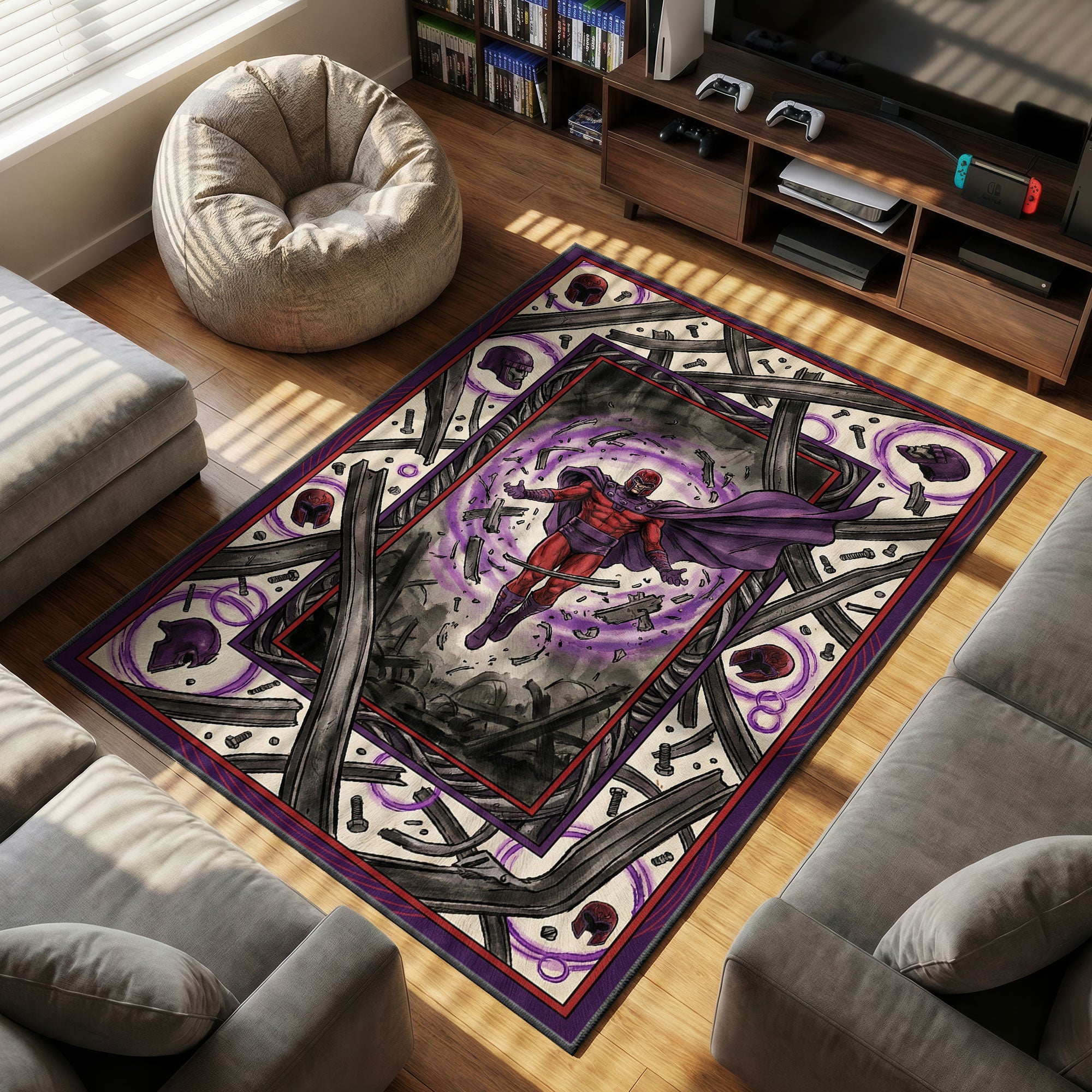 Magneto Metal themed area rug for home decor fans