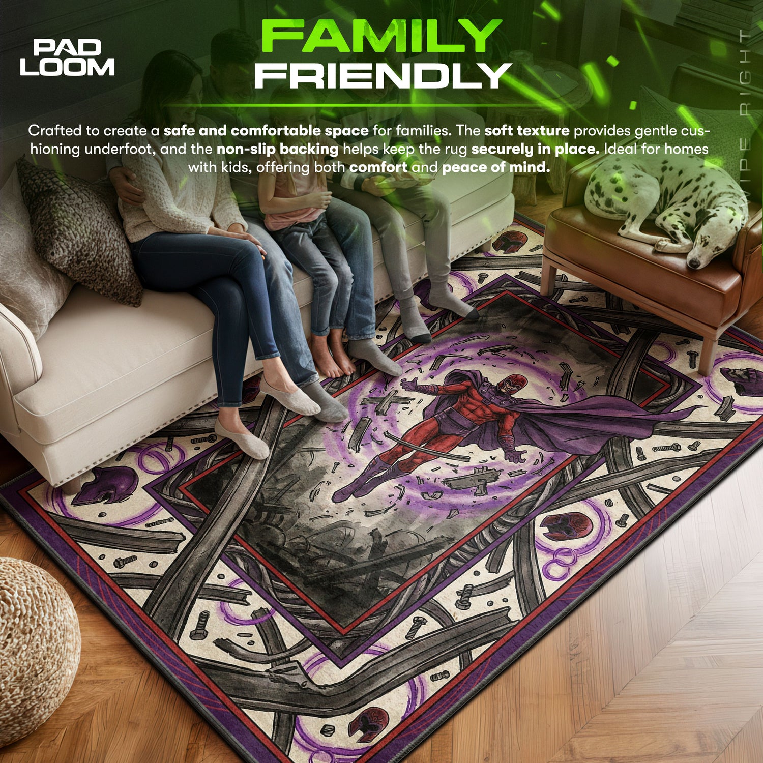 Magneto area rug showing full home decor artwork