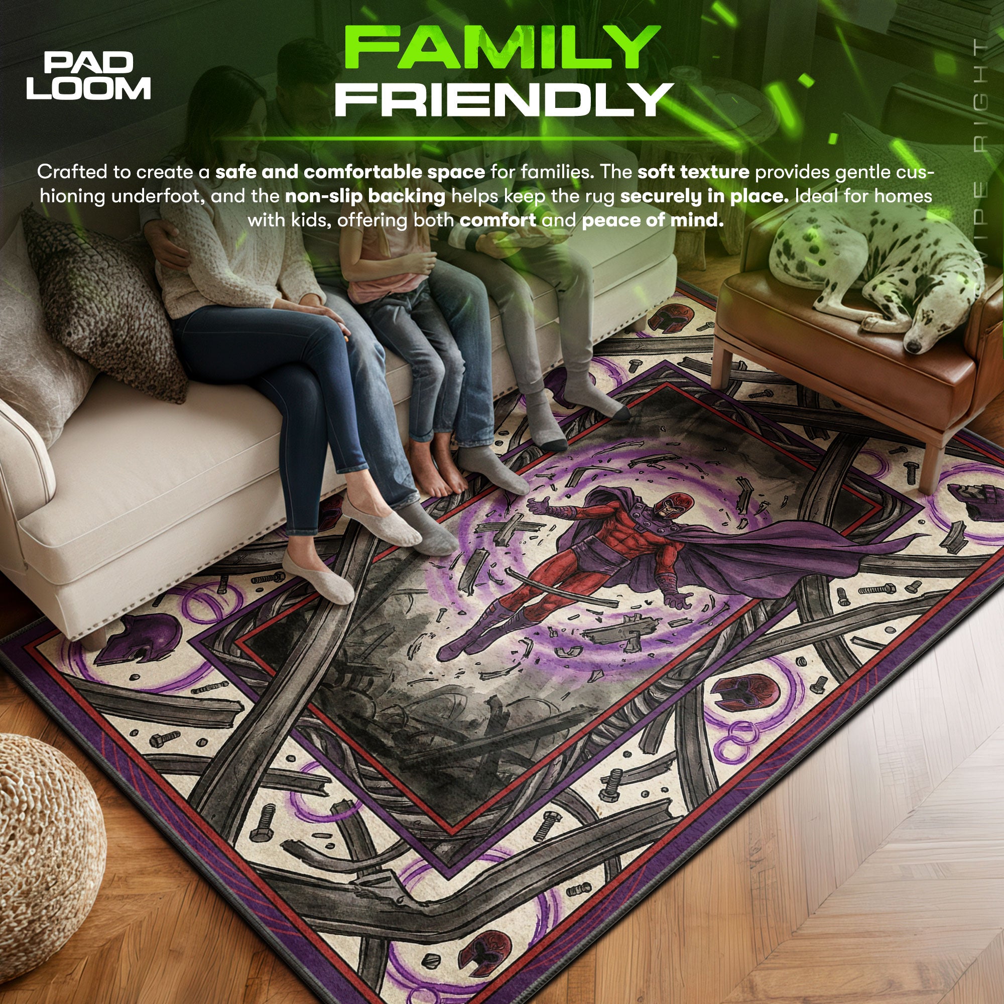 Magneto area rug showing full home decor artwork