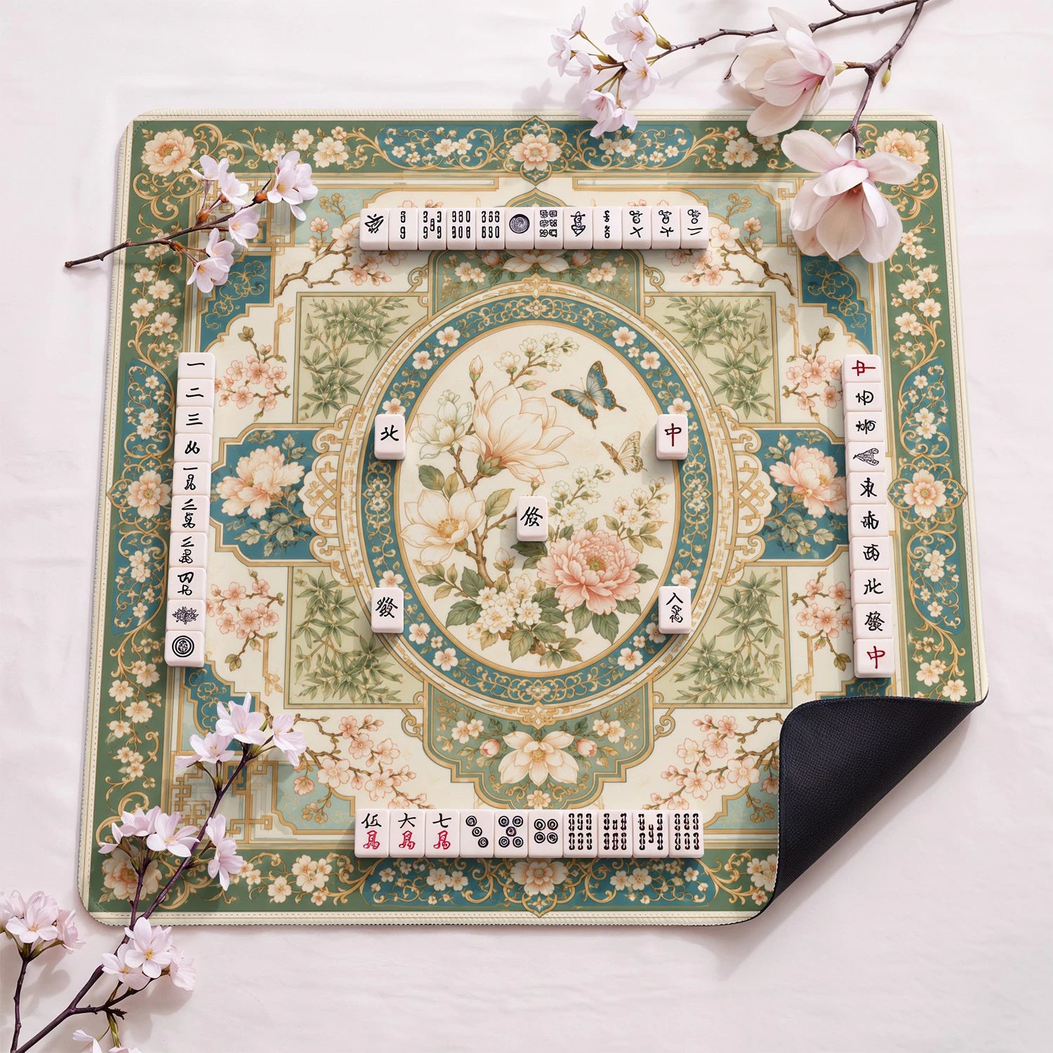 Magnolia Cameo design close-up on mahjong mat surface
