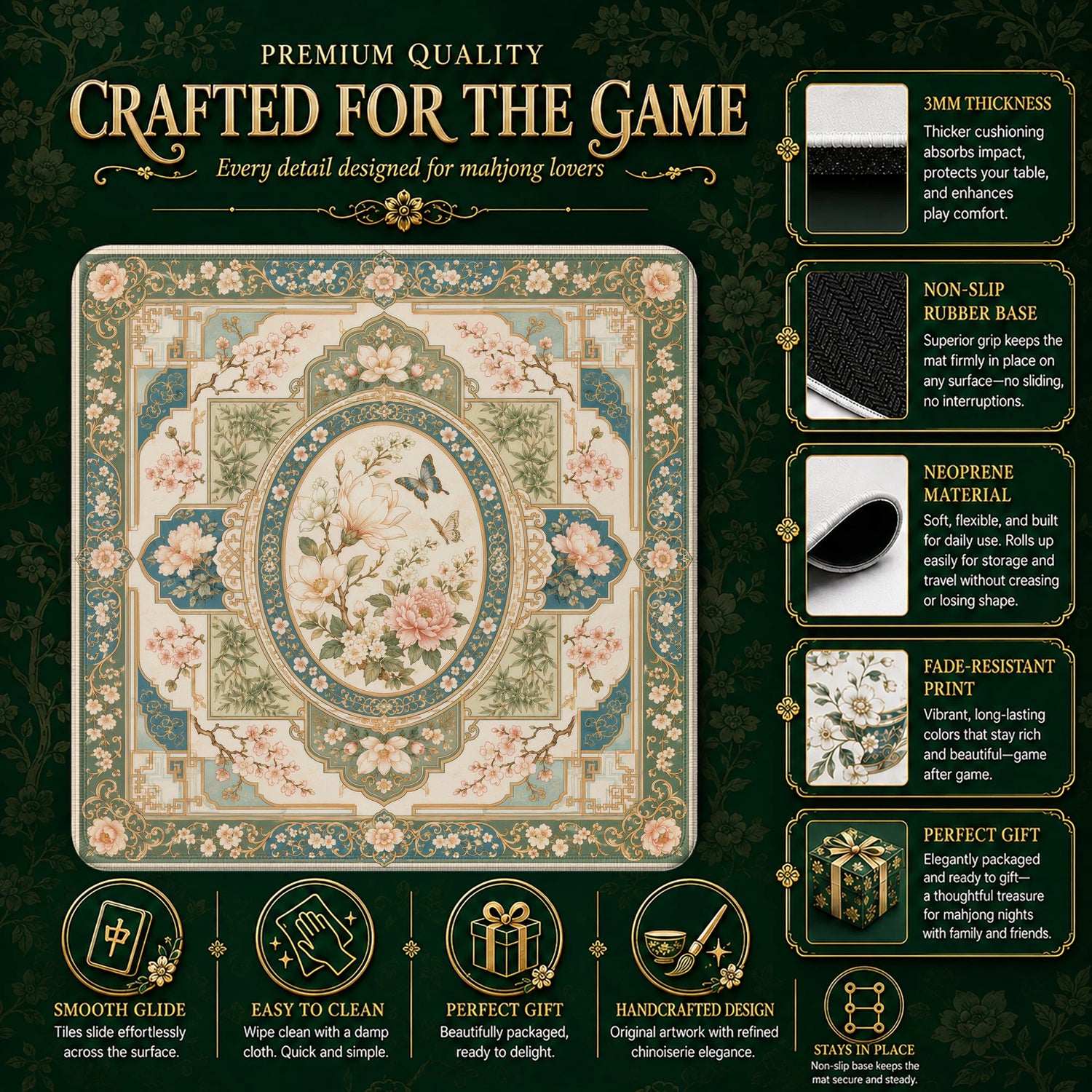 Magnolia Cameo mahjong mat – M (60x60 cm) and L (81x81 cm) sizes
