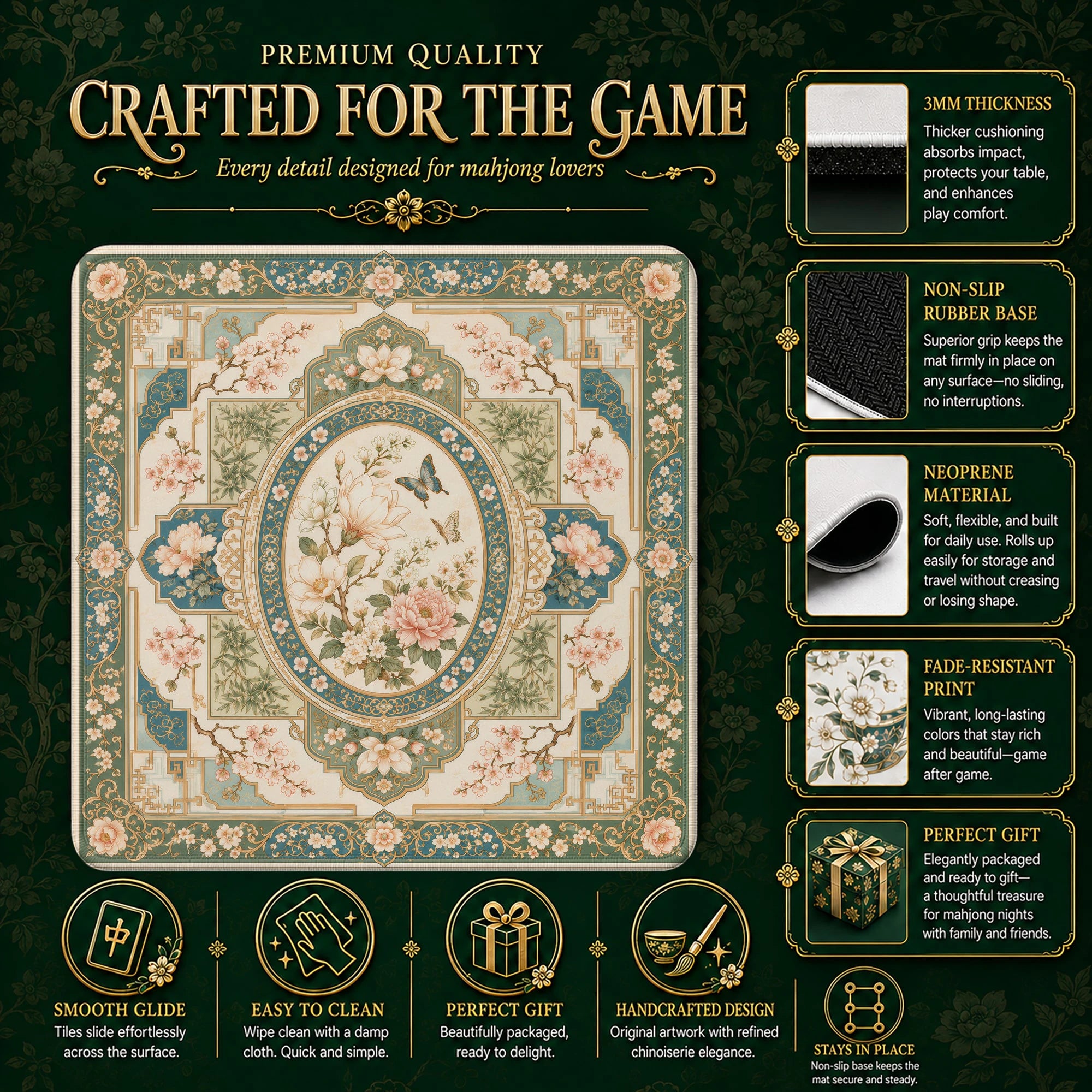 Magnolia Cameo mahjong mat – M (60x60 cm) and L (81x81 cm) sizes