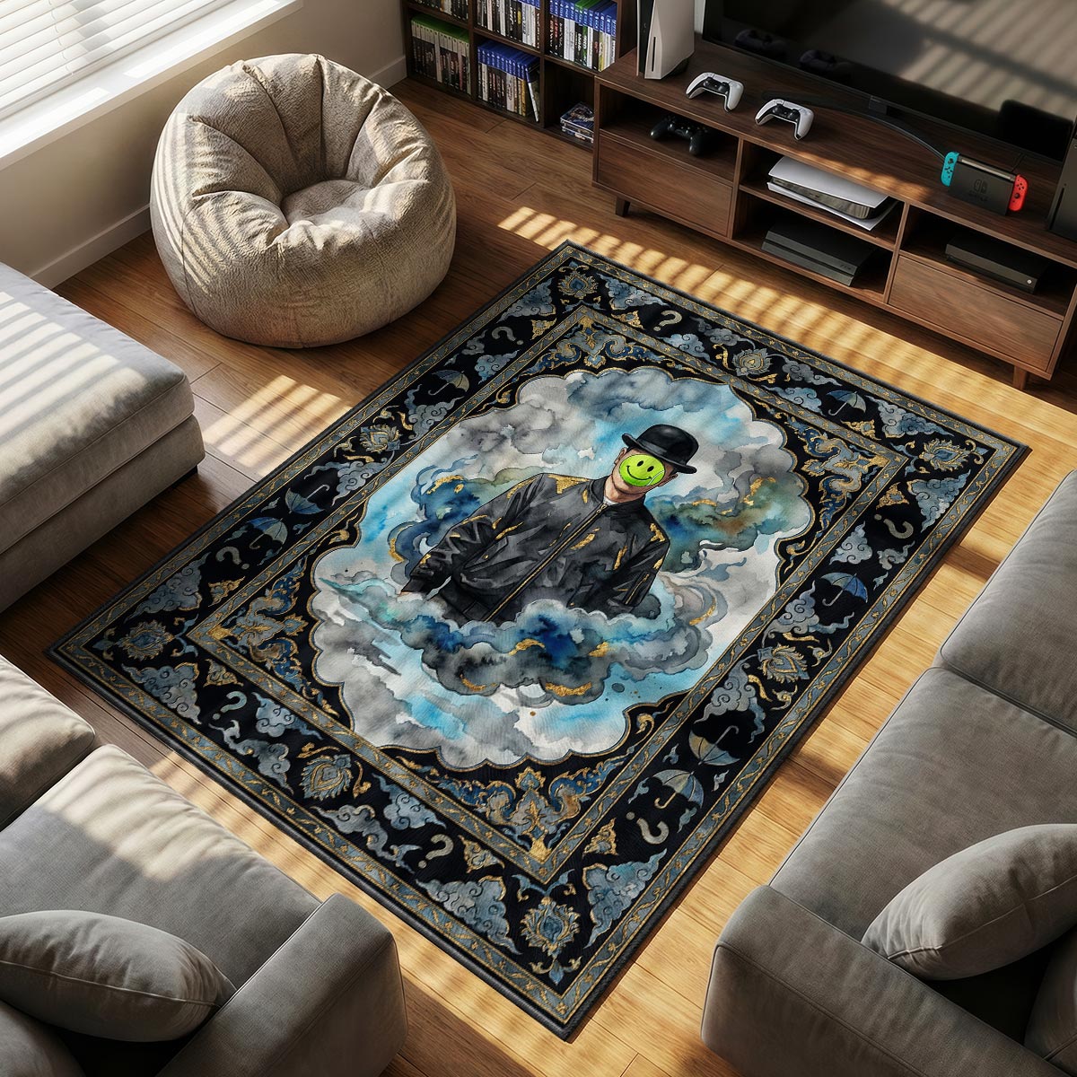 Magritte Smiley themed area rug for home decor fans