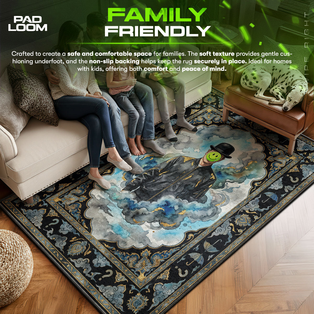 Magritte area rug showing full home decor artwork