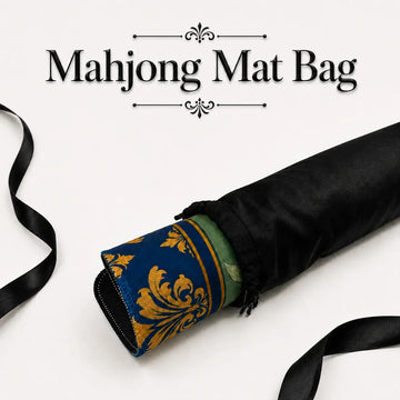 Black satin mahjong mat carry bag with drawstring closure holding a rolled Padloom neoprene mahjong mat