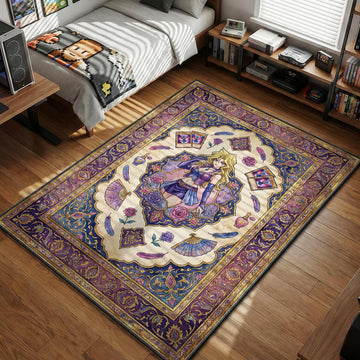 Mai Valentine surrounded by Harpie Lady cards and purple roses in ornate floral art style area rug and floor mat