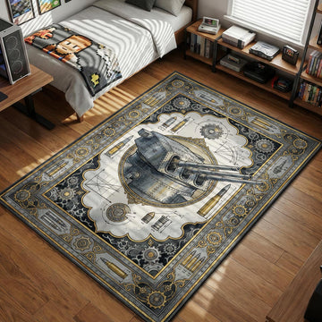 Naval gun turret technical drawing with brass gears and ammo shells grey and gold gaming area rug and floor mat