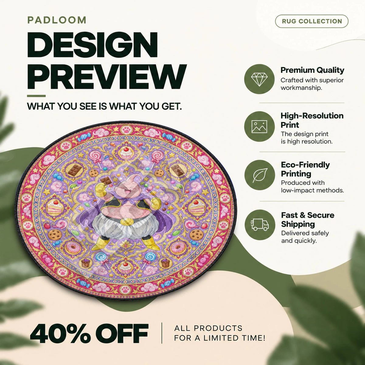 Majin Buu Snacking Dragon Ball round rug full design preview