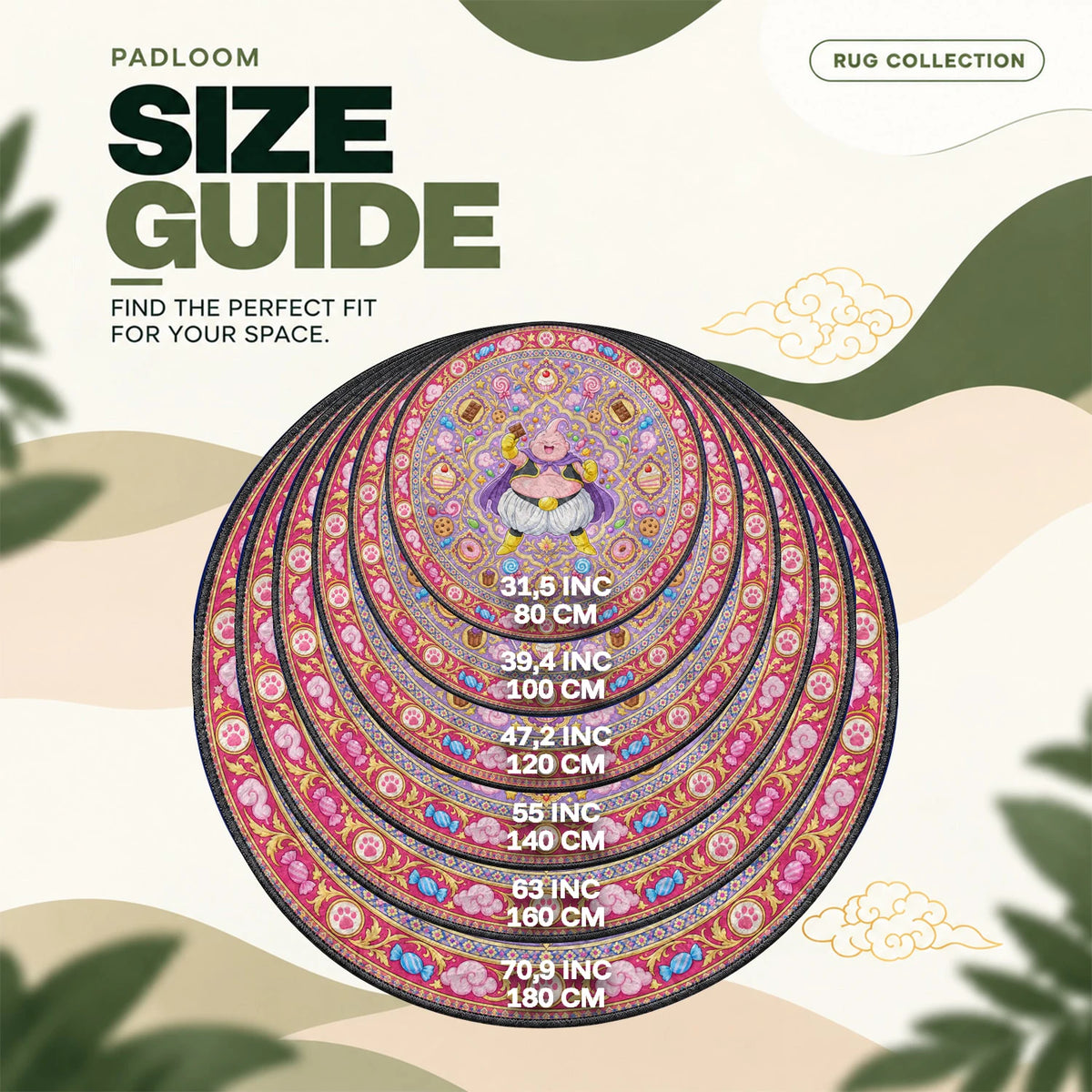 Majin Buu Snacking round rug size guide, 80 to 180 cm (31.5 to 70.9 in)