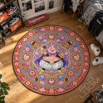 Majin Buu Snacking Dragon Ball round rug on a bedroom floor - Dragon Ball chair mat