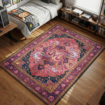 Majin Buu symbol and pink smoke clouds in vintage oriental floral design with candy border area rug and floor mat