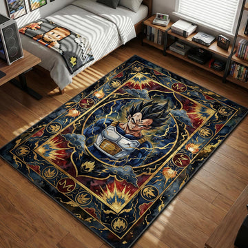 Majin Vegeta prince of all saiyans with M symbol on forehead lightning aura vintage style area rug and floor mat